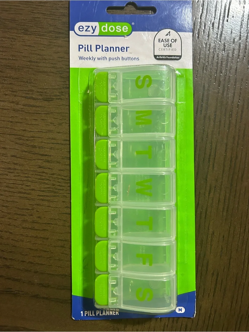 Green Weekly Pill Planner - 7-Day Push Button Organizer